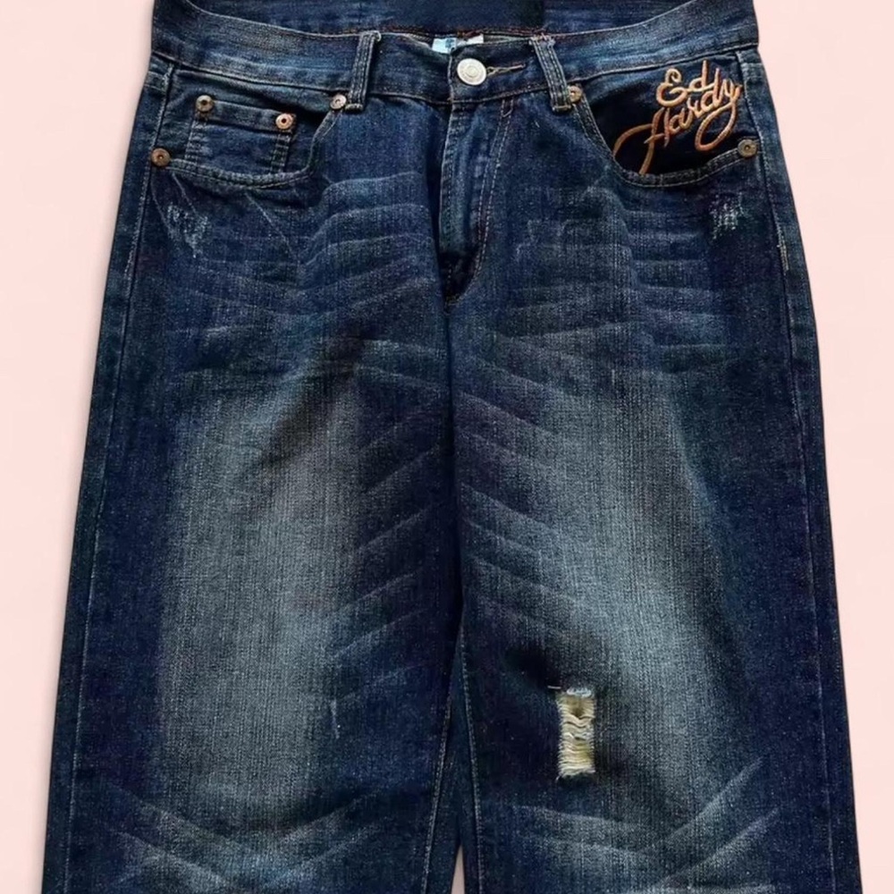 Ed Hardy Dragon Embroidered Wide Leg Baggy Jeans Y2K NWT
